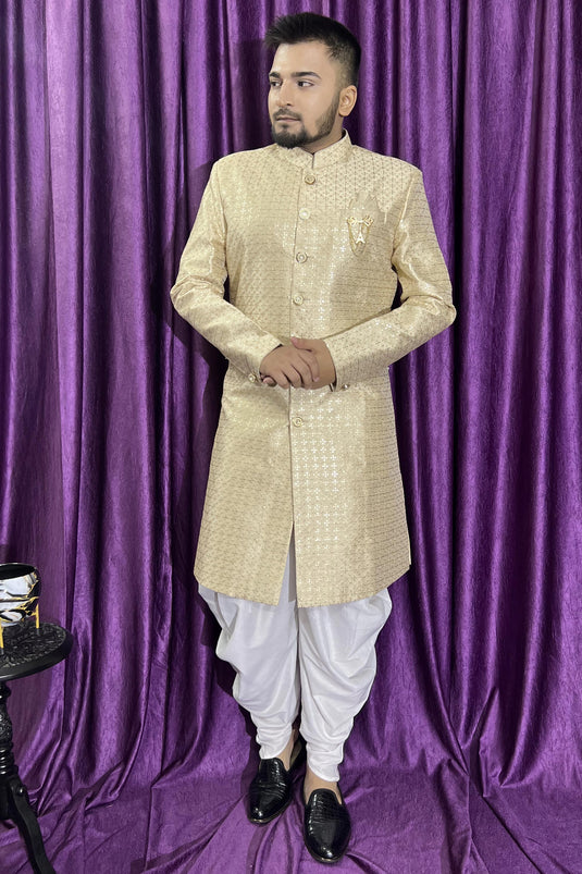 Beige Silk Fabric Graceful Readymade Men Peshawari Style Indo Western For Wedding Wear