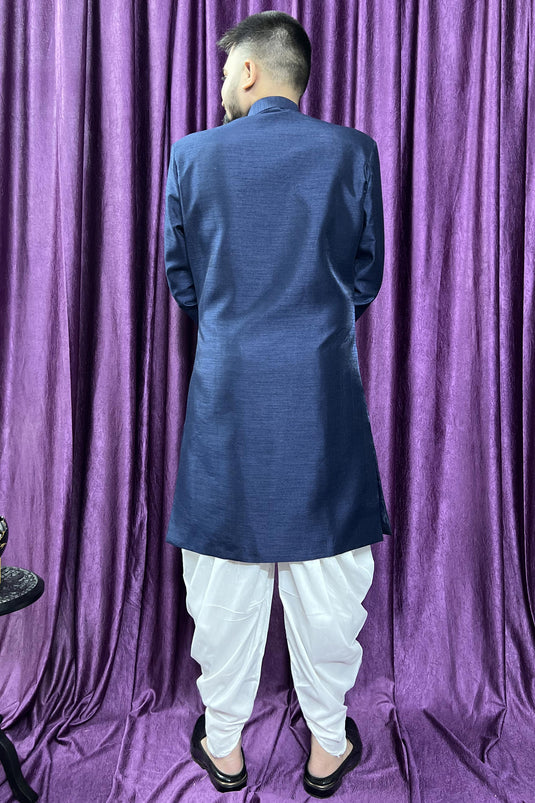 Blue Color Silk Fabric Wedding Wear Designer Readymade Peshawari Style Indo Western For Men