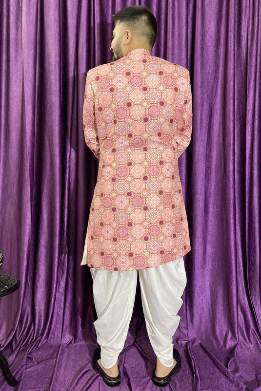 Pink Color Wedding Wear Cotton Fabric Designer Readymade Peshawari Style Indo Western For Men