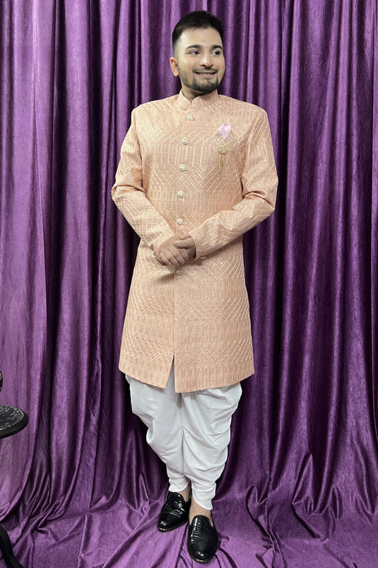 Silk Fabric Designer Wedding Wear Readymade Peshawari Style Indo Western For Men In Peach Color