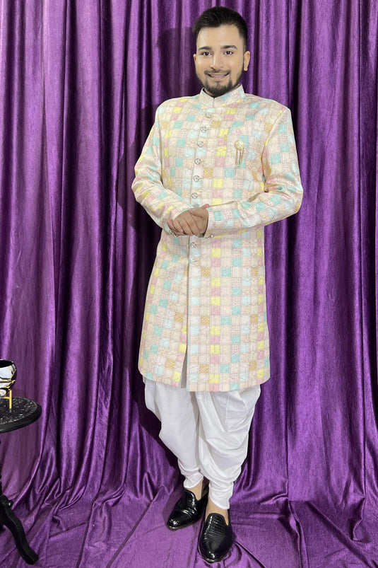 Cream Color Cotton Fabric Wedding Wear Readymade Peshawari Style Indo Western For Men