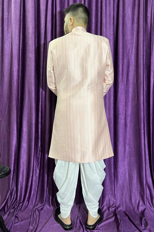 Pink Color Reception Wear Jacquard Fabric Readymade Stylish Peshawari Style Indo Western For Men