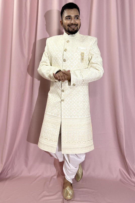 Cream Silk Fabric Wedding Wear Trendy Readymade Sherwani For Men