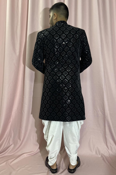 Black Wedding Wear Readymade Glamorous Indo Western For Men In Velvet Fabric