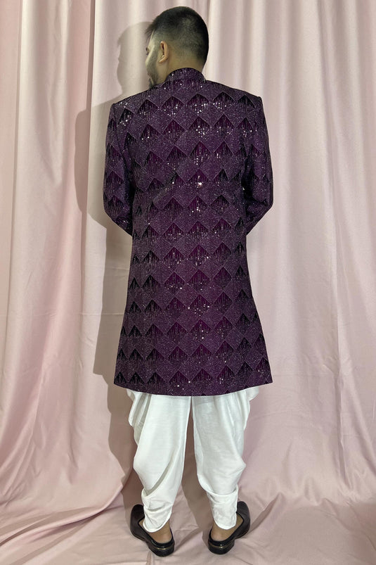 Purple Velvet Fabric Magnificent Readymade Men Indo Western For Wedding Wear