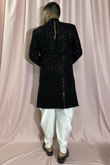 Velvet Fabric Heavy Embroidered Black Color Wedding Wear Designer Readymade Indo Western For Men