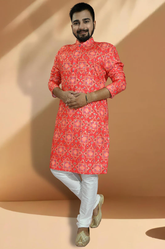 Cotton Red Color Readymade Designer Men Kurta Pyjama