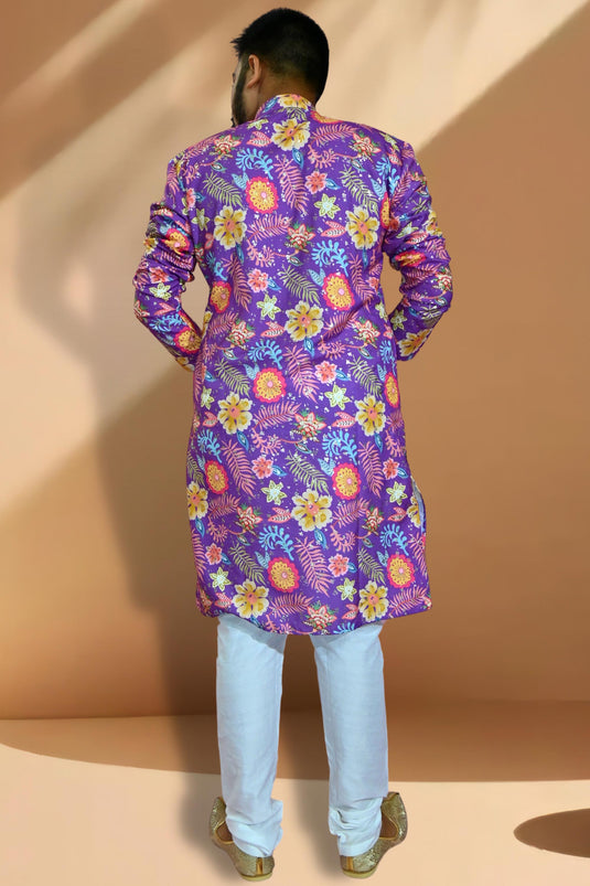 Beautiful Purple Color Readymade Kurta Pyjama For Men In Cotton Fabric