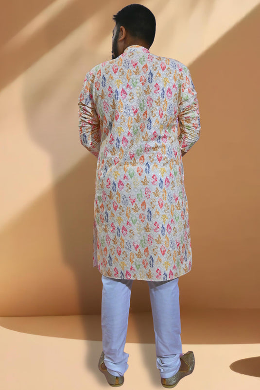 Off White Color Artistic Readymade Men Kurta Pyjama