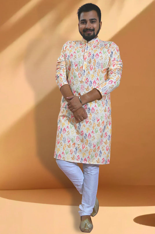 Off White Color Artistic Readymade Men Kurta Pyjama