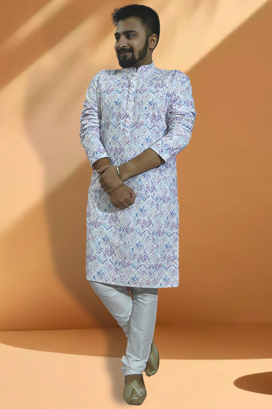 Cotton White Color Readymade Kurta Pyjama For Men