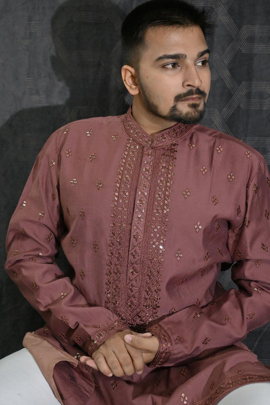 Maroon Cotton Silk Fabric Sequins Embroidery Sangeet Wear Trendy Readymade Kurta Pyjama For Men