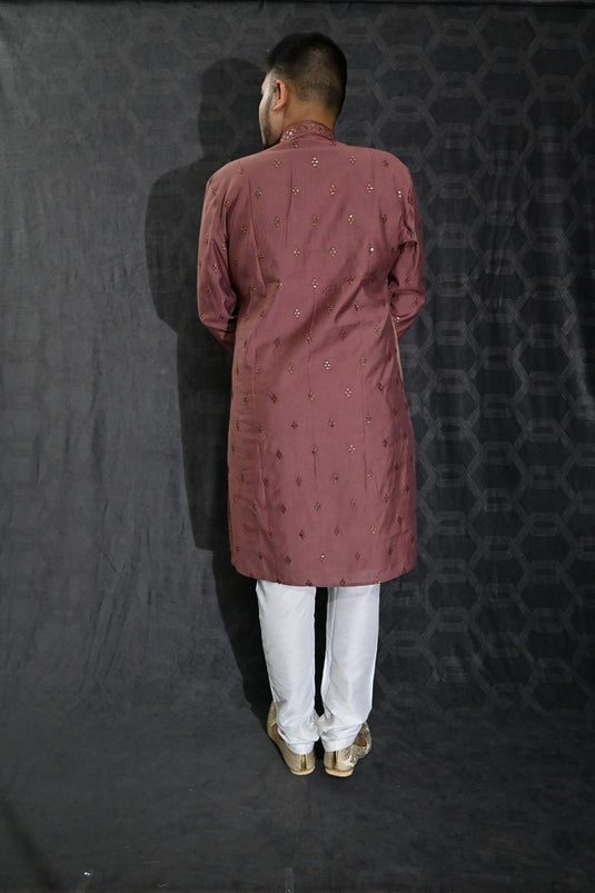 Maroon Cotton Silk Fabric Sequins Embroidery Sangeet Wear Trendy Readymade Kurta Pyjama For Men