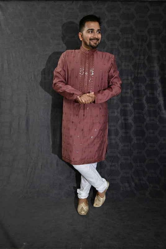 Maroon Cotton Silk Fabric Sequins Embroidery Sangeet Wear Trendy Readymade Kurta Pyjama For Men