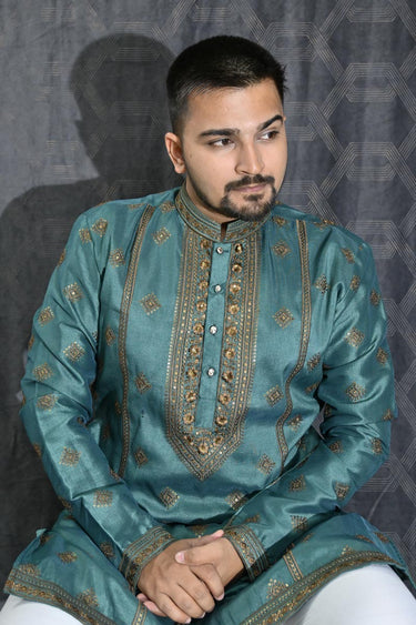 Sequins Embroidery Sea Green Art Silk Graceful Readymade Men Kurta Pyjama For Festive Wear