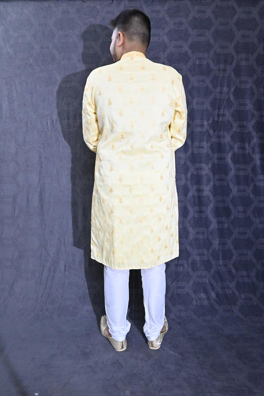 Art Silk Fabric Sequins Embroidery Function Wear Readymade Yellow Color Kurta Pyjama For Men