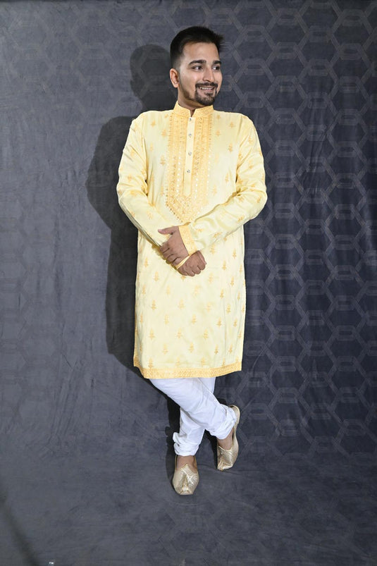 Art Silk Fabric Sequins Embroidery Function Wear Readymade Yellow Color Kurta Pyjama For Men