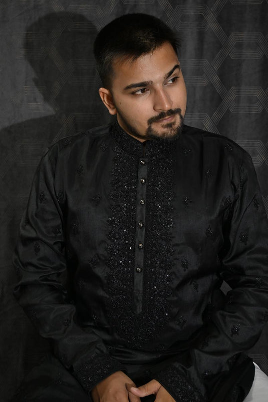 Festive Wear Sequins Embroidery Readymade Kurta Pyjama For Men In Black Art Silk Fabric