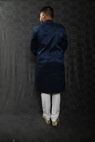 Navy Blue Color Sequins Embroidery Art Silk Fabric Function Wear Fancy Readymade Kurta Pyjama For Men