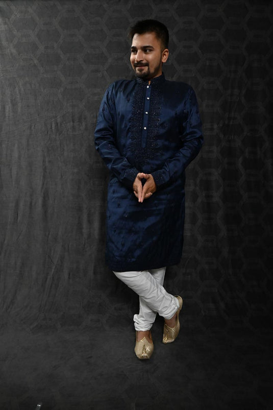 Navy Blue Color Sequins Embroidery Art Silk Fabric Function Wear Fancy Readymade Kurta Pyjama For Men