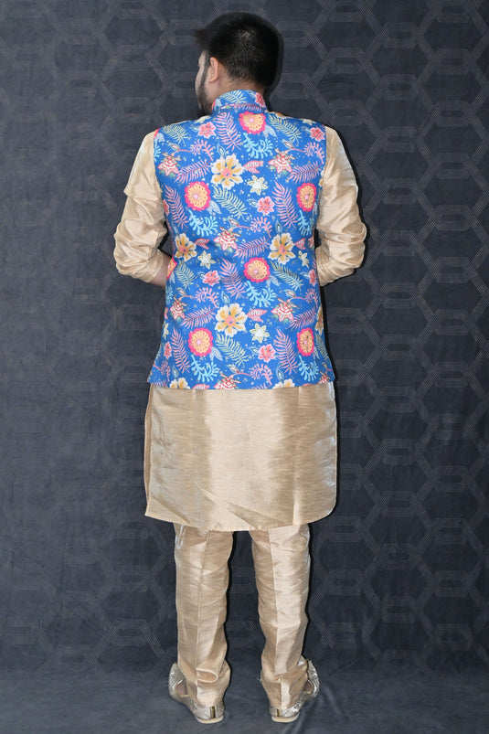 Festive Wear Art Silk Readymade Lovely Kurta Pyjama For Men With Blue Color Jacket