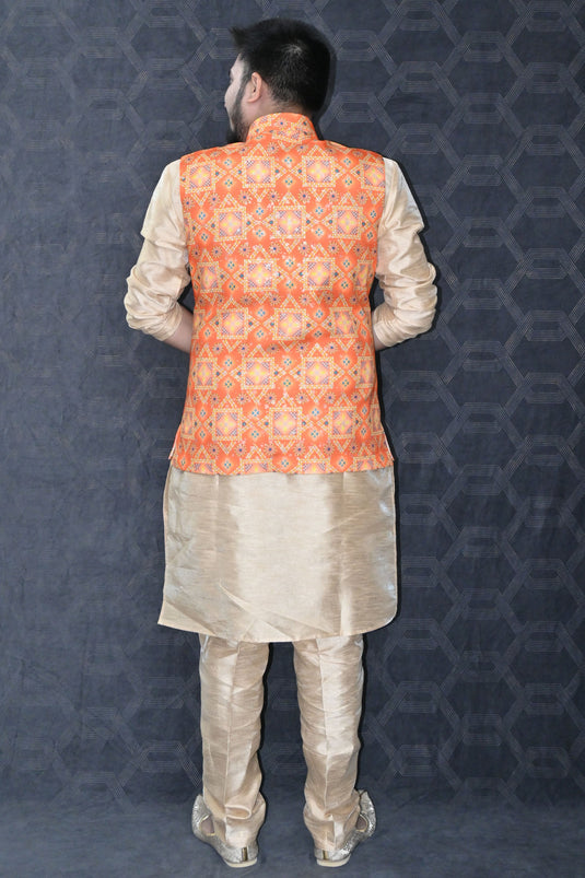 Gorgeous Art Silk Fabric Function Wear Readymade Kurta Pyjama For Men With Orange Color 3 Pcs Jacket Set