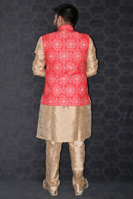 Sangeet Wear Readymade Lovely Art Silk Fabric Kurta Pyjama For Men With Red Color 3 Pcs Jacket Set