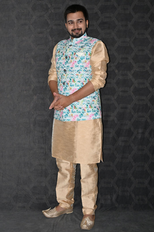 Art Silk Fabric Wedding Wear Readymade Pretty Kurta Pyjama For Men With Blue Color 3 Pcs Jacket Set