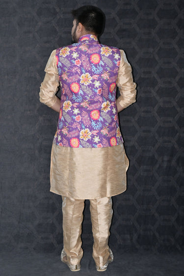 Reception Wear Readymade Art Silk Fabric Beautiful Kurta Pyjama For Men With Purple Color 3 Pcs Jacket Set