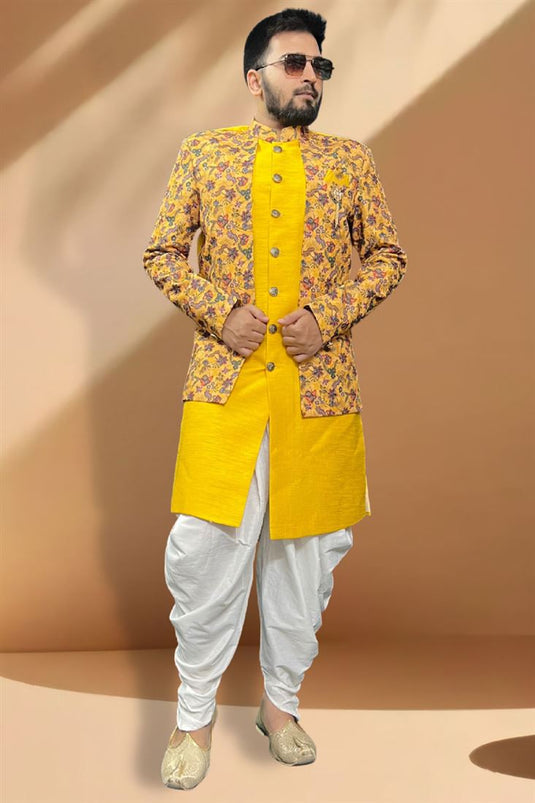 Enriching Yellow Color Silk Fabric Peshawari Style Indo Western Set