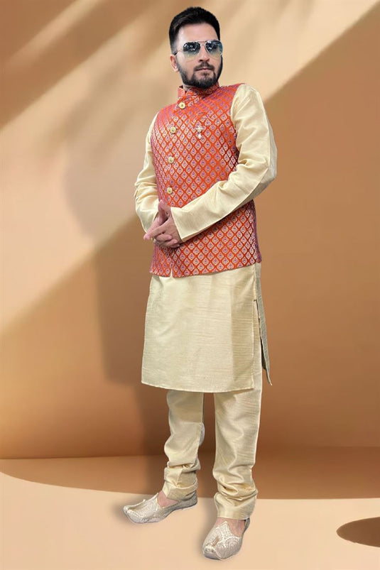 Extravagant Cream Color Silk Fabric Kurta Churidar With Jacket