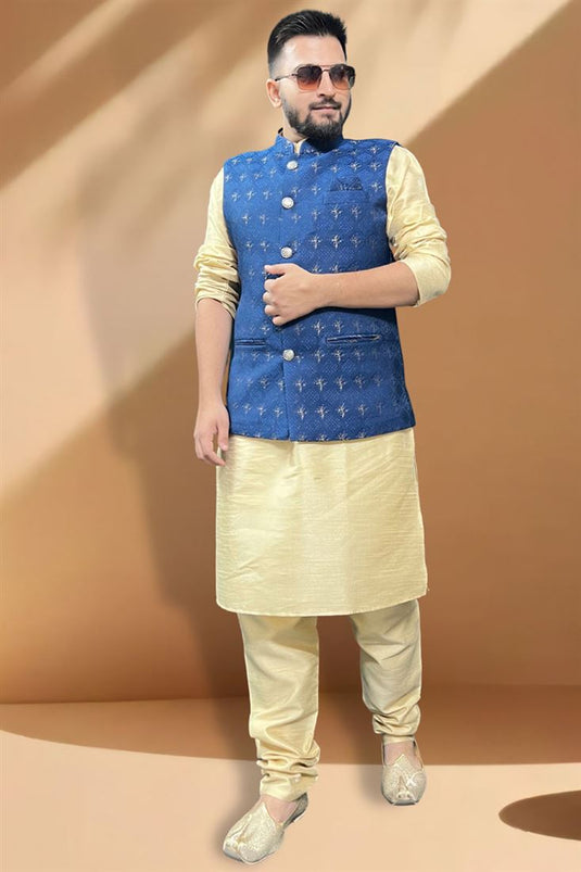 Fetching Silk Fabric Function Wear Cream Kurta Pyjama With Blue Color Jacket