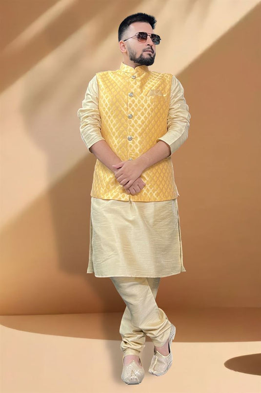 Stunning Function Wear Cream Kurta Pyjama With Yellow Color Jacket In Silk Fabric