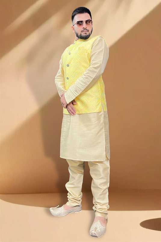 Blissful Silk Fabric Function Wear Cream Kurta Pyjama With Yellow Color Jacket