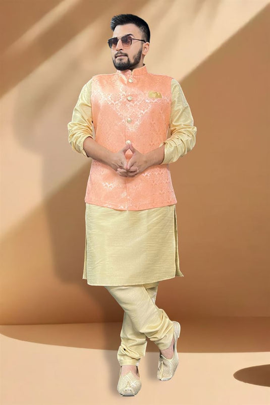 Majestic Silk Fabric Function Wear Cream Kurta Pyjama With Orange Color Jacket