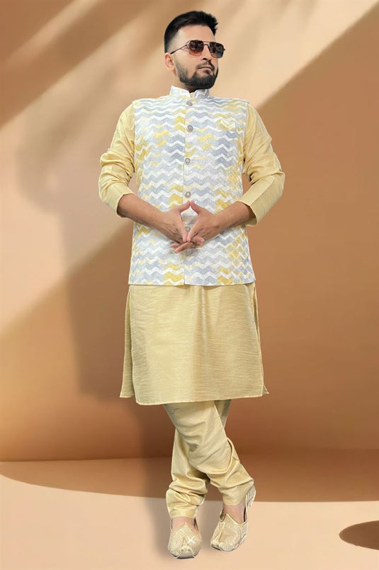 Trendy Textured Silk Fabric Function Wear Cream Kurta Pyjama With Grey Color Jacket