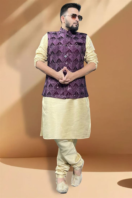 Mesmeric Silk Fabric Function Wear Cream Kurta Pyjama With Wine Color Jacket