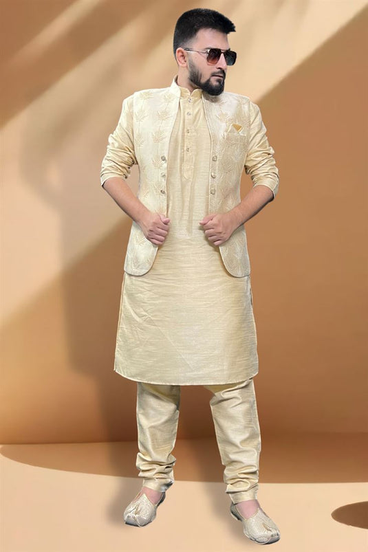 Function Wear Trendy Textured Silk Fabric Cream Kurta Pyjama With Golden Color Jacket