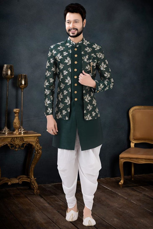 Dark Green Color Silk Fabric Magnificent Dhoti Kurta Jacket Set