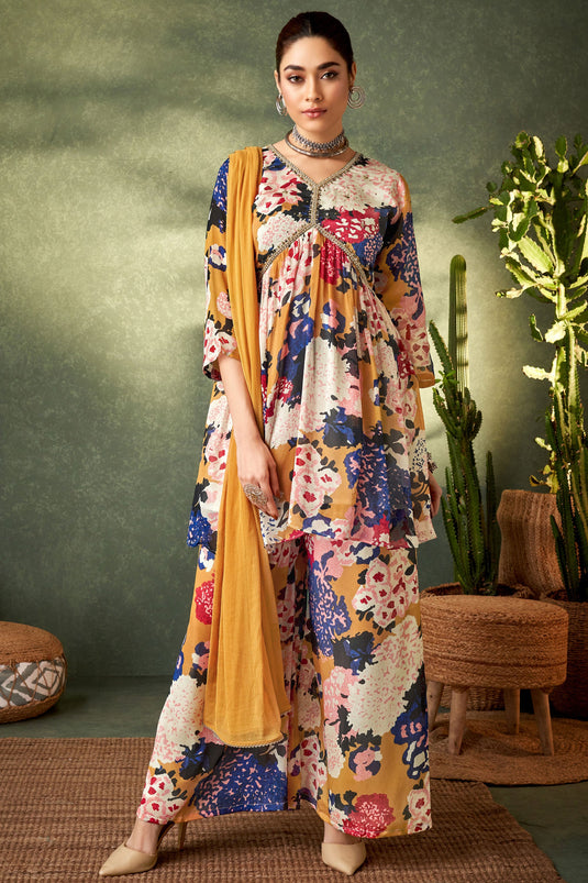 Multi Color Printed Chinon Readymade Palazzo Suit