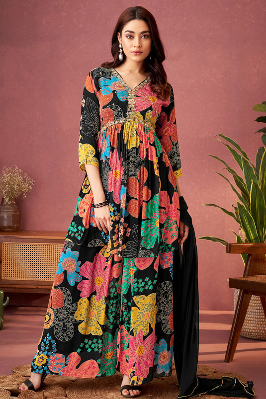 Printed Chinon Readymade Palazzo Suit In Multi Color