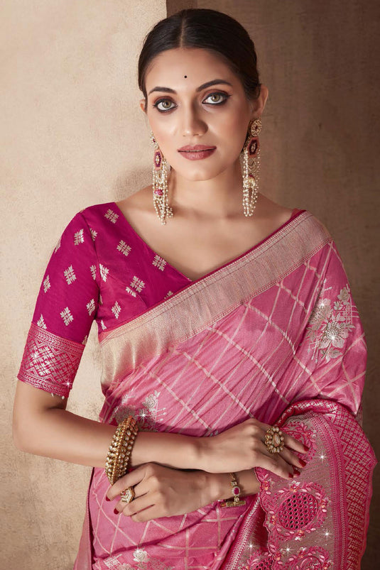 Exclusive Weaving Work Pink Color Silk Fabric Saree With Designer Blouse