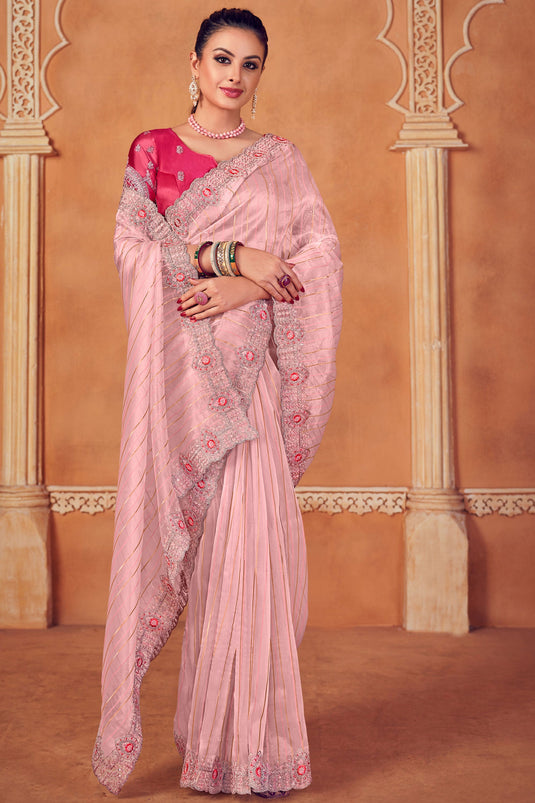 Pink Color Embroidery Work Organza Fabric Party Wear Saree