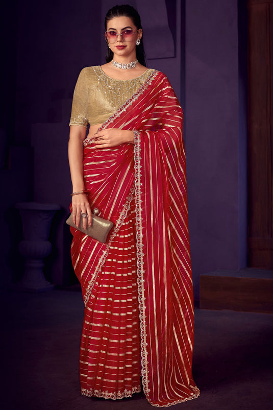 Exclusive Organza Fabric Red Color Stone Work Saree