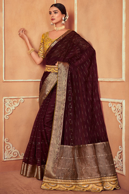 Maroon Color Border Work Organza Fabric Party Wear Saree With Embroidered Designer Blouse