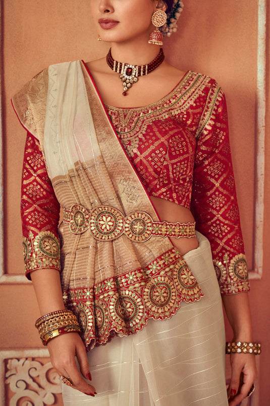 Exclusive Border Work Beige Color Organza Fabric Saree With Embroidered Designer Blouse