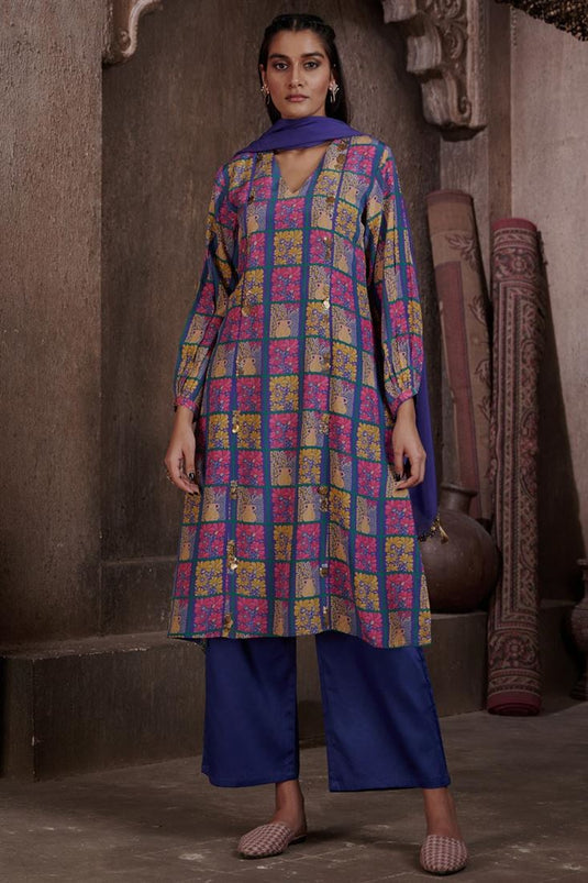 Exclusive Blue Color Viscose Crepe Fabric Readymade Kurta With Palazzo Set