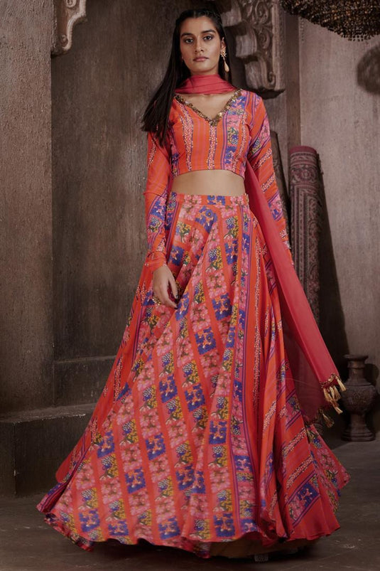 Exclusive Red Color Viscose Crepe Fabric Hand Embroidered Sangeet Wear Readymade Lehenga Choli