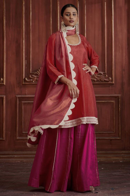 Exclusive Red Color Silk Fabric Hand Embroidered Festive Wear Readymade Sharara Set