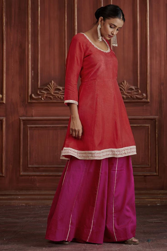 Exclusive Red Color Silk Fabric Hand Embroidered Festive Wear Readymade Sharara Set